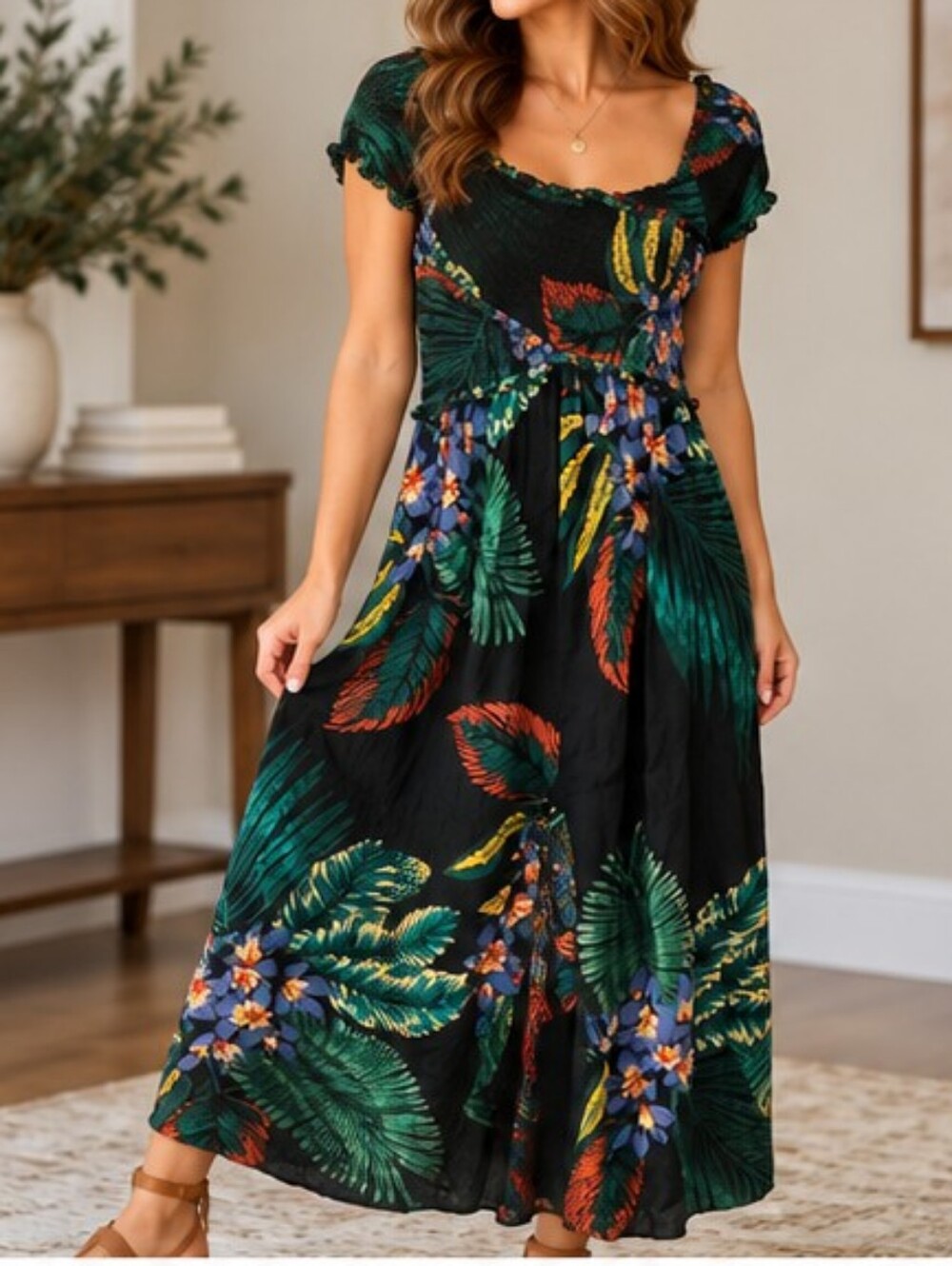 Patrons of Peace Small Tropical Floral Smocked Boho Midi Dress